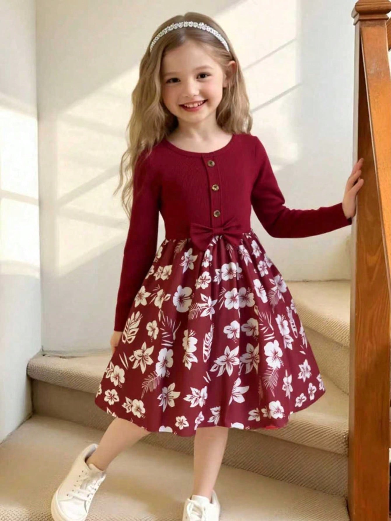 Ruby Bloom Bow Dress – Cozy Elegance for Little Queens