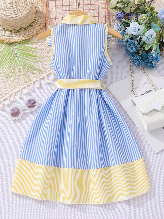 Blue & Yellow Striped Ruffle Dress for Girls (1–10 Years)