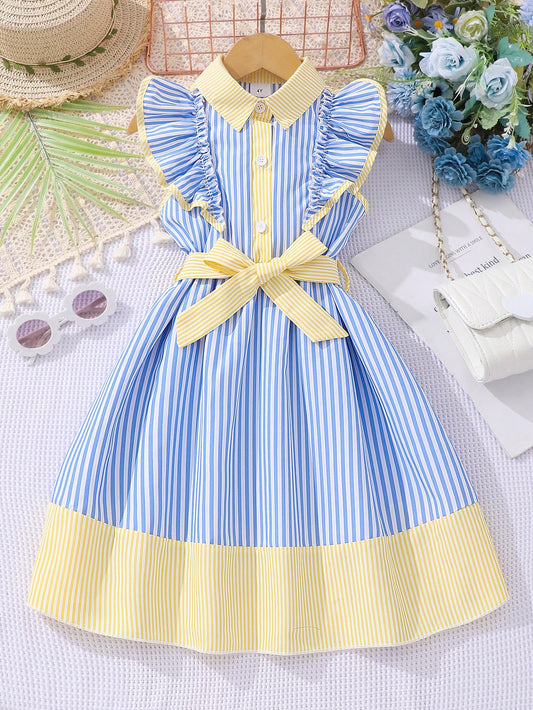 Blue & Yellow Striped Ruffle Dress for Girls (1–10 Years)