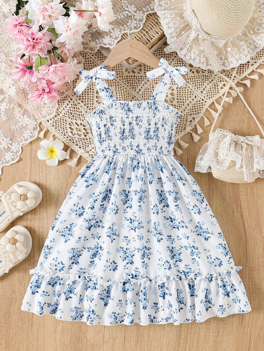 Girls Blue Floral Smocked Summer Dress (Ages 1–10) | Bow Strap Cotton Sundress