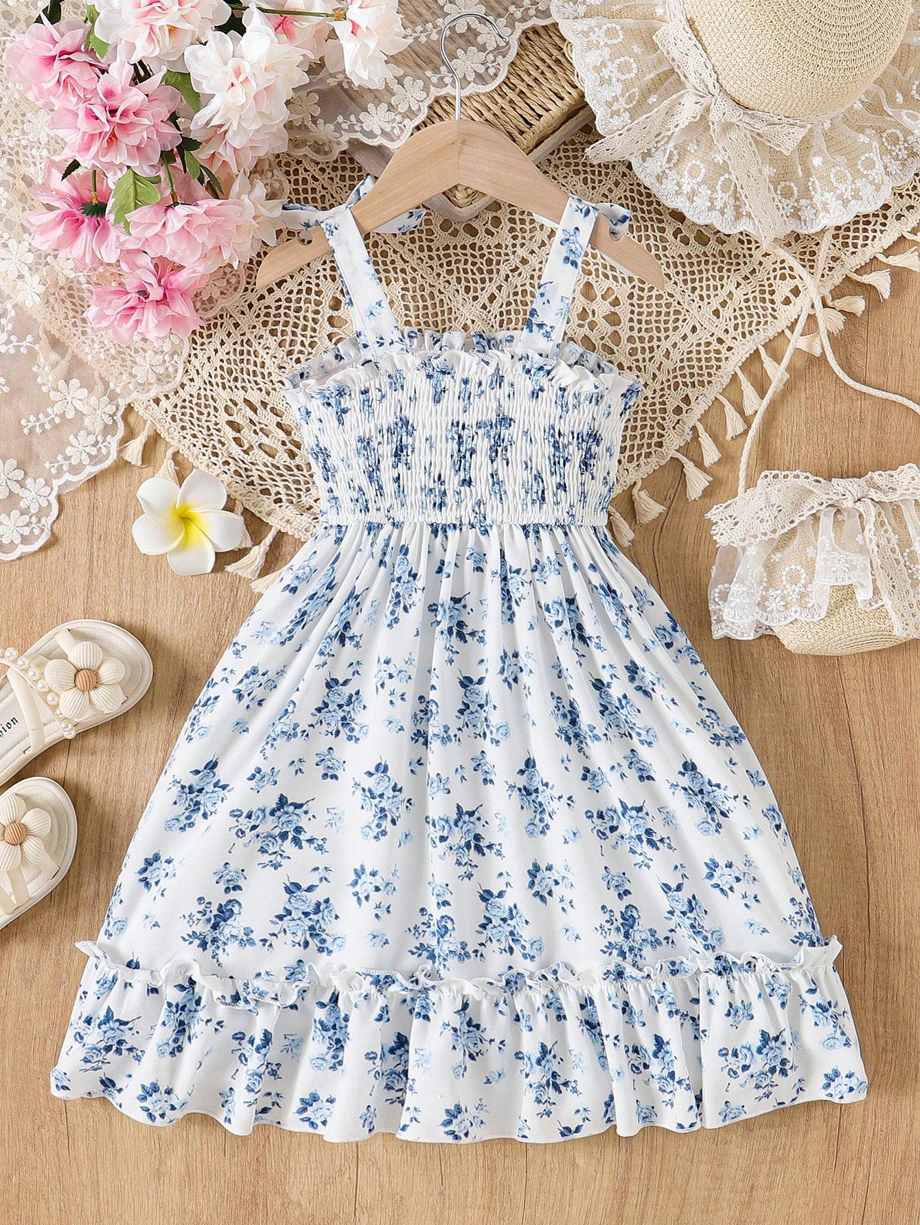 Girls Blue Floral Smocked Summer Dress (Ages 1–10) | Bow Strap Cotton Sundress