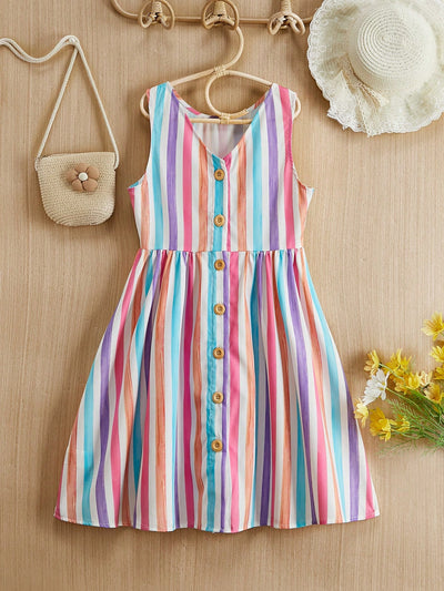 Multicolor Striped Button Dress for Girls (1–10 Years)