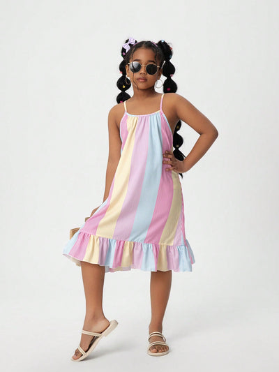 Pastel Rainbow Striped Ruffle Dress for Girls (1–10 Years)