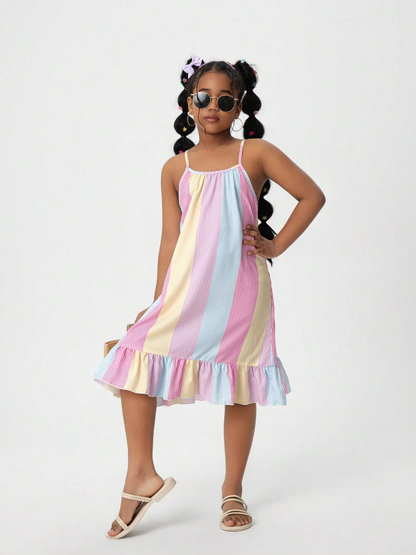 Pastel Rainbow Striped Ruffle Dress for Girls (1–10 Years)
