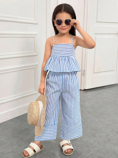 Blue & White Striped Top & Wide-Leg Pants Set for Girls (1–10 Years)