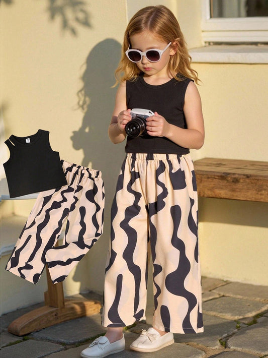 Black Sleeveless Top & Abstract Print Pants Set for Girls (1–10 Years)