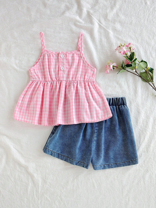 Pink Gingham Top & Denim Skort Set for Girls (1–6 Years)