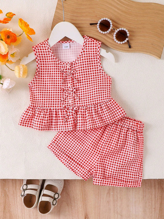 Red Gingham Bow Top & Shorts Set for Girls (1–6 Years)