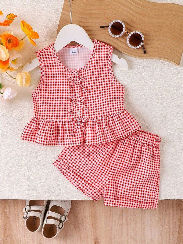 Red Gingham Bow Top & Shorts Set for Girls (1–6 Years)