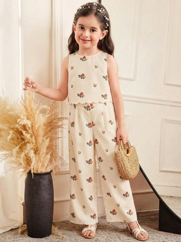 Cream Floral Bow Top & Pants Set for Girls (1–10 Years)